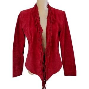 Women's Front Western Fringe Leather Jacket Size XS Red Open Front Cardigan